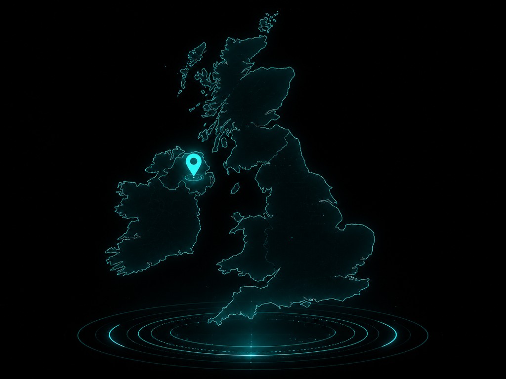 Stylised neon map of the United Kingdom and Ireland with a location pin over Northern Ireland.